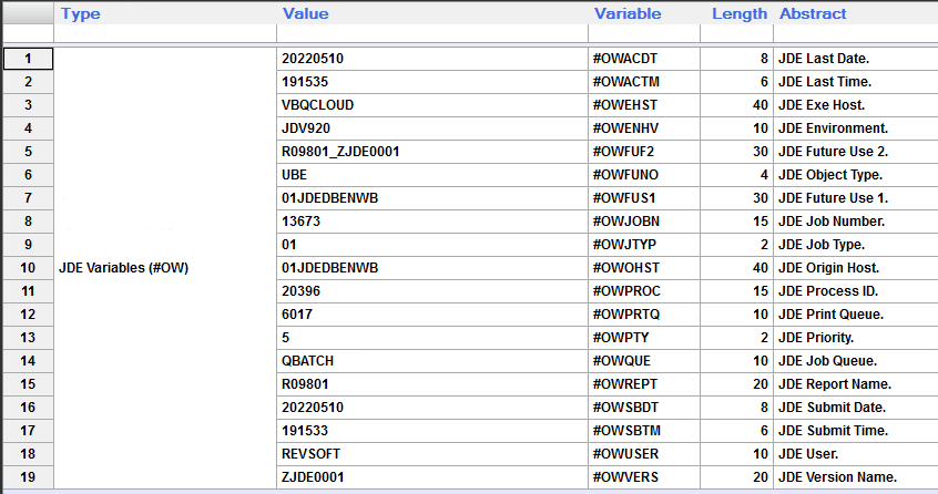 GLPOST OneWorld Variables